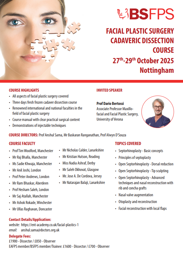 BSFPS Facial Plastic Surgery “Cadaveric Dissection Course”  |  Nottingham, England, UK  | 27 – 29 oktober 2025